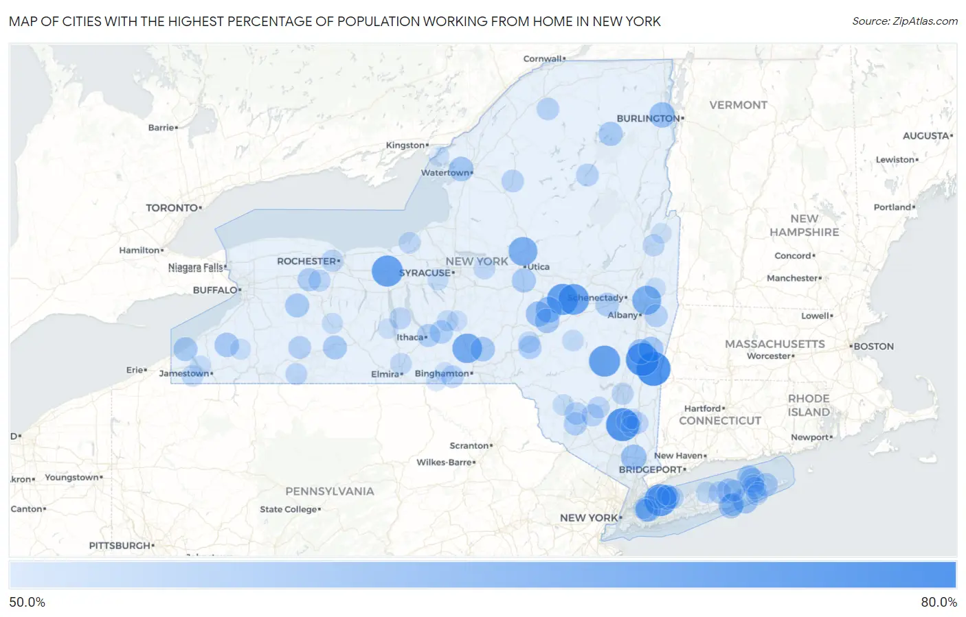 Cities with the Highest Percentage of Population Working from Home in New York Map
