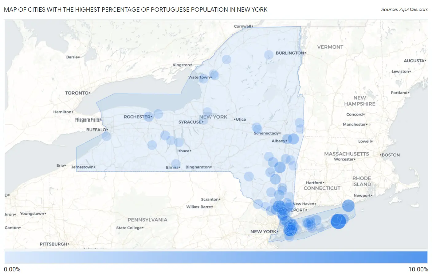Cities with the Highest Percentage of Portuguese Population in New York Map