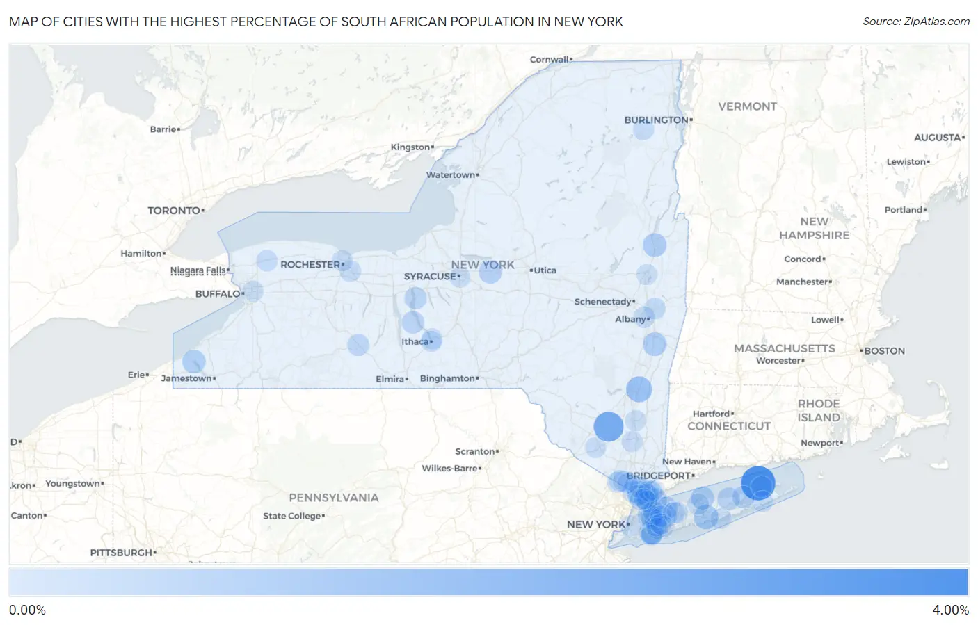 Cities with the Highest Percentage of South African Population in New York Map