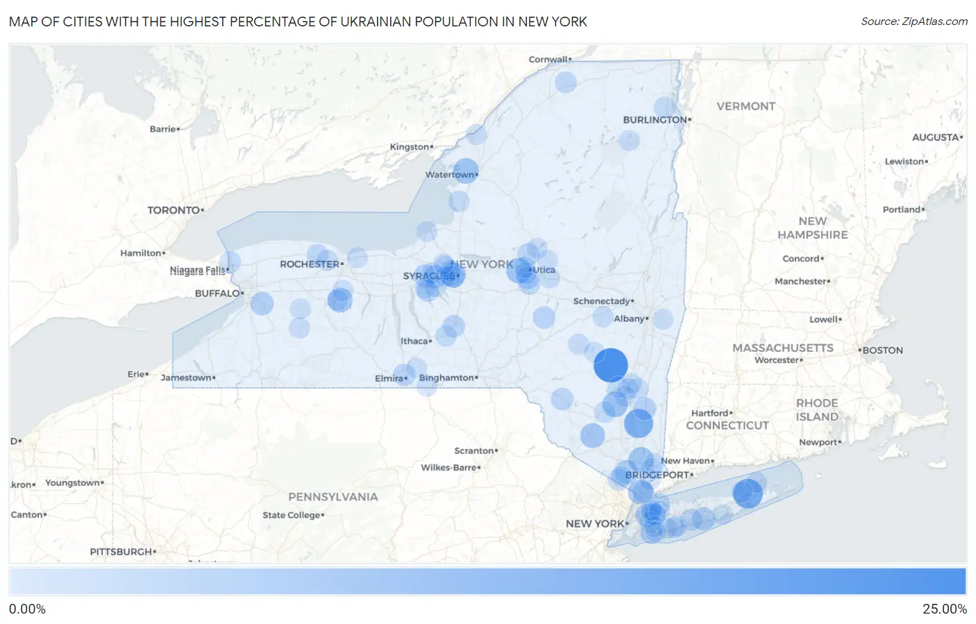 Cities with the Highest Percentage of Ukrainian Population in New York Map