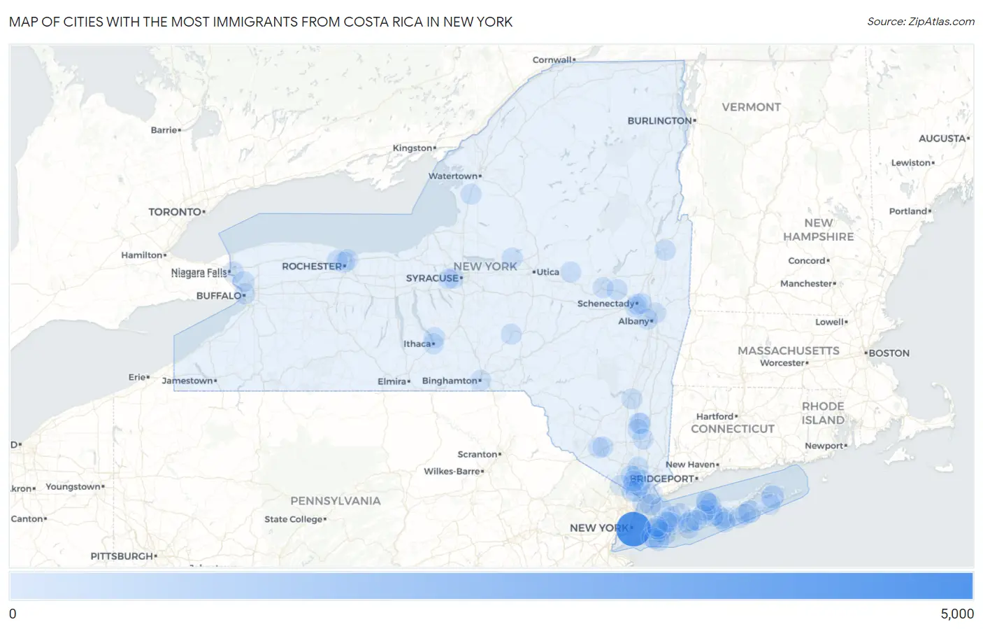 Cities with the Most Immigrants from Costa Rica in New York Map