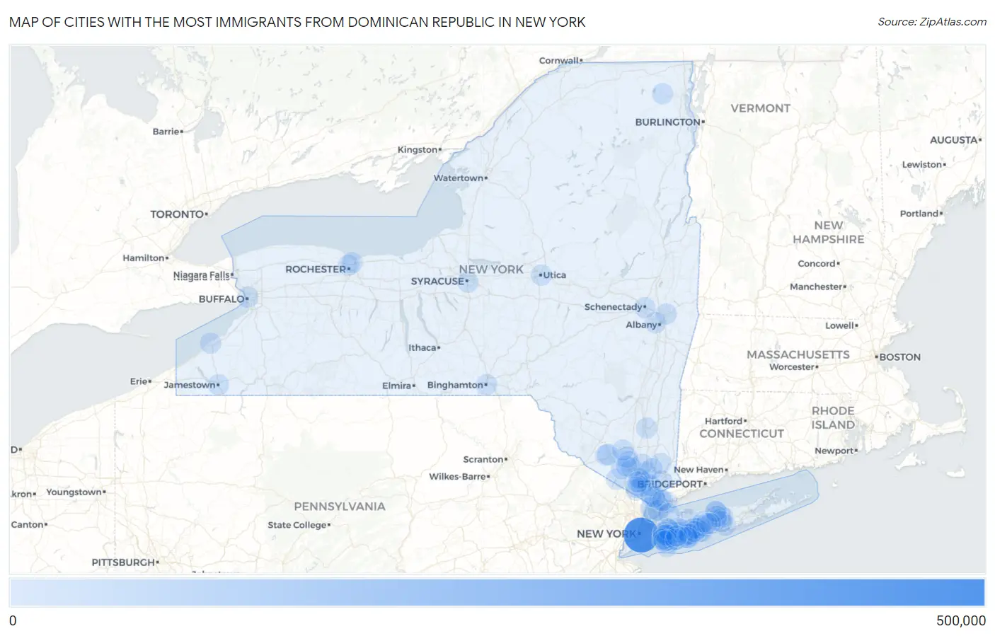Cities with the Most Immigrants from Dominican Republic in New York Map