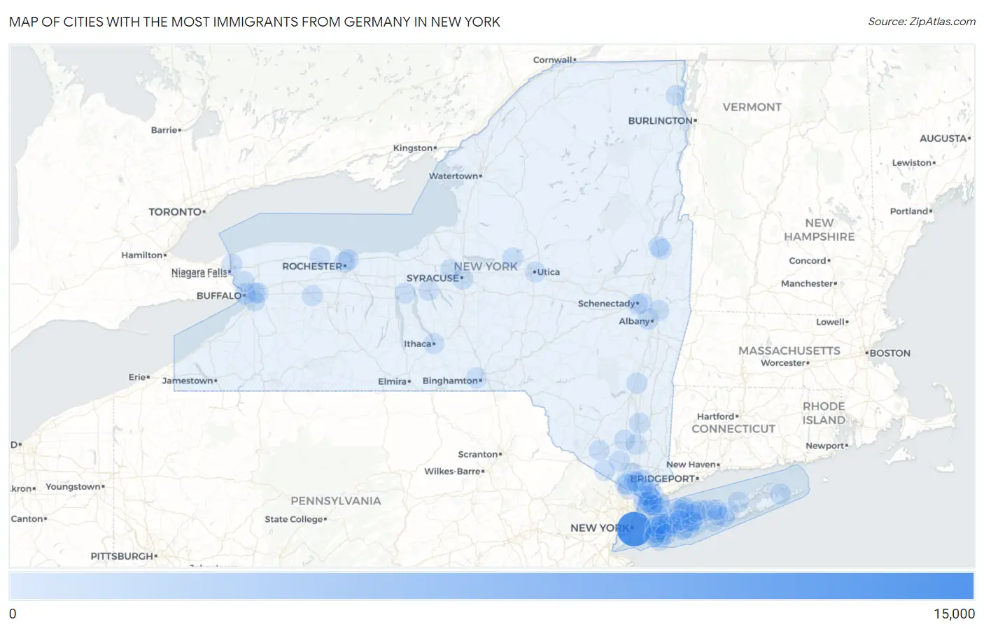 Cities with the Most Immigrants from Germany in New York Map