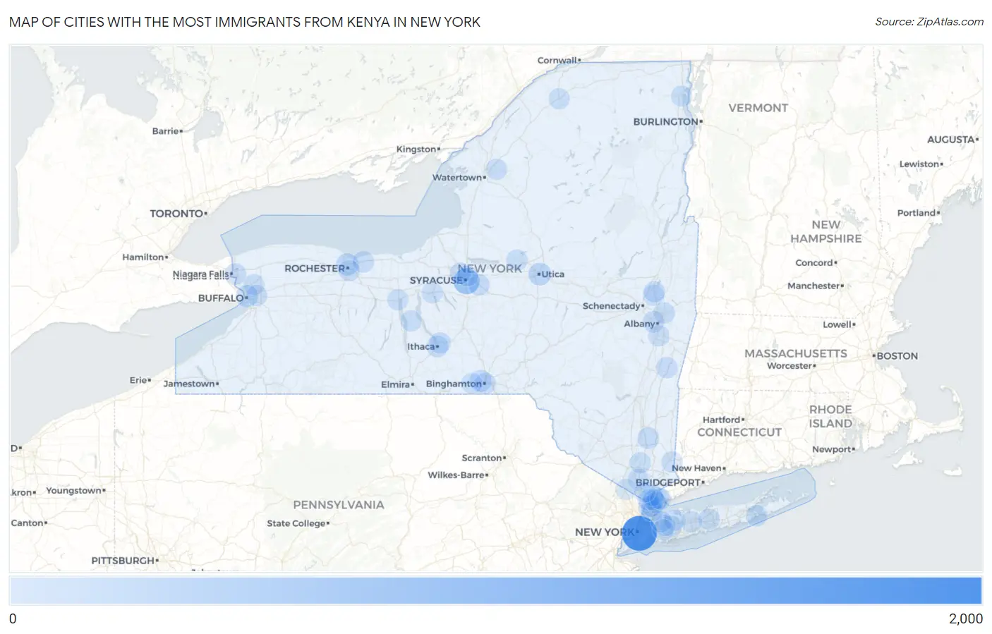 Cities with the Most Immigrants from Kenya in New York Map
