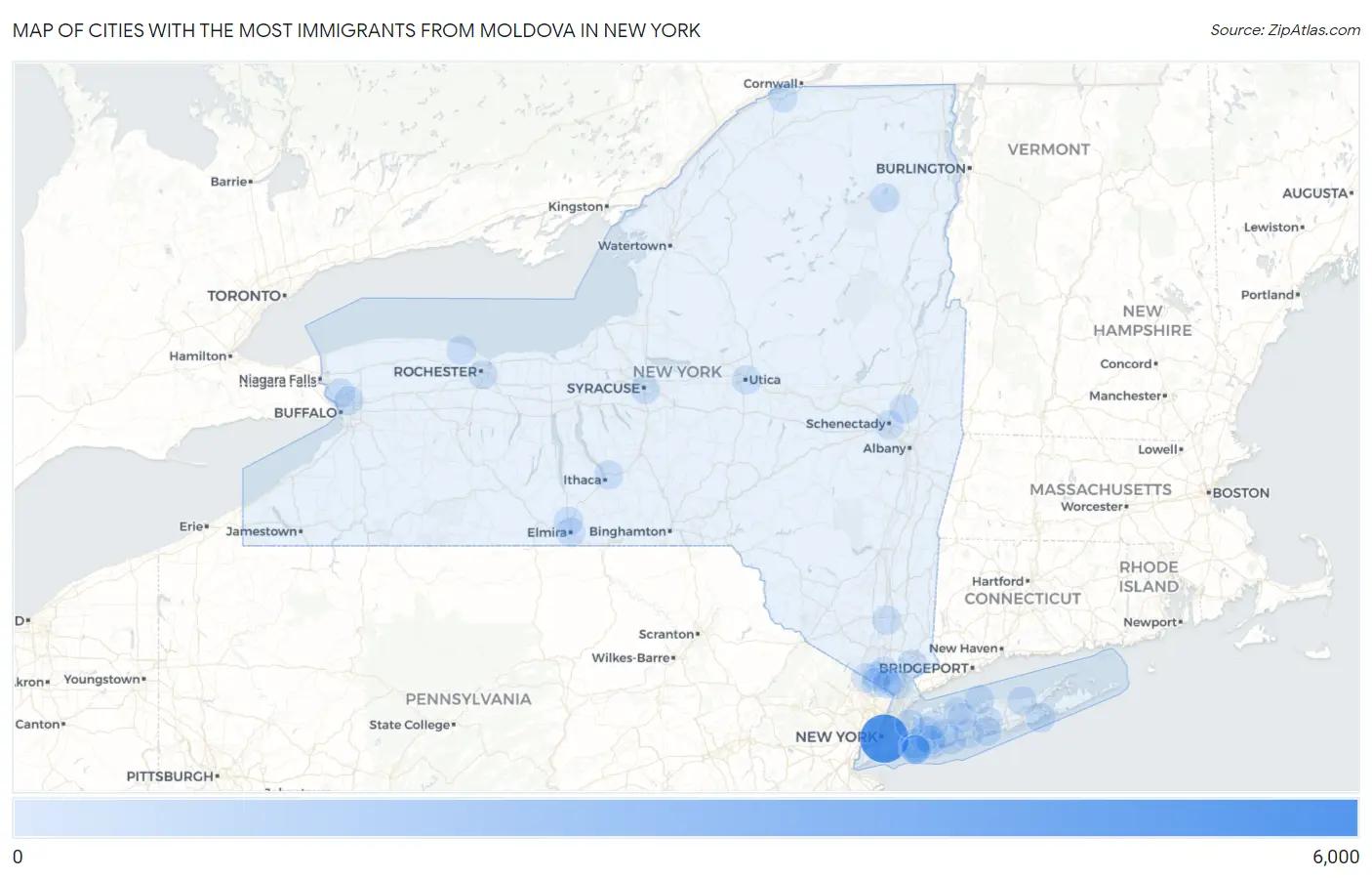 Cities with the Most Immigrants from Moldova in New York Map