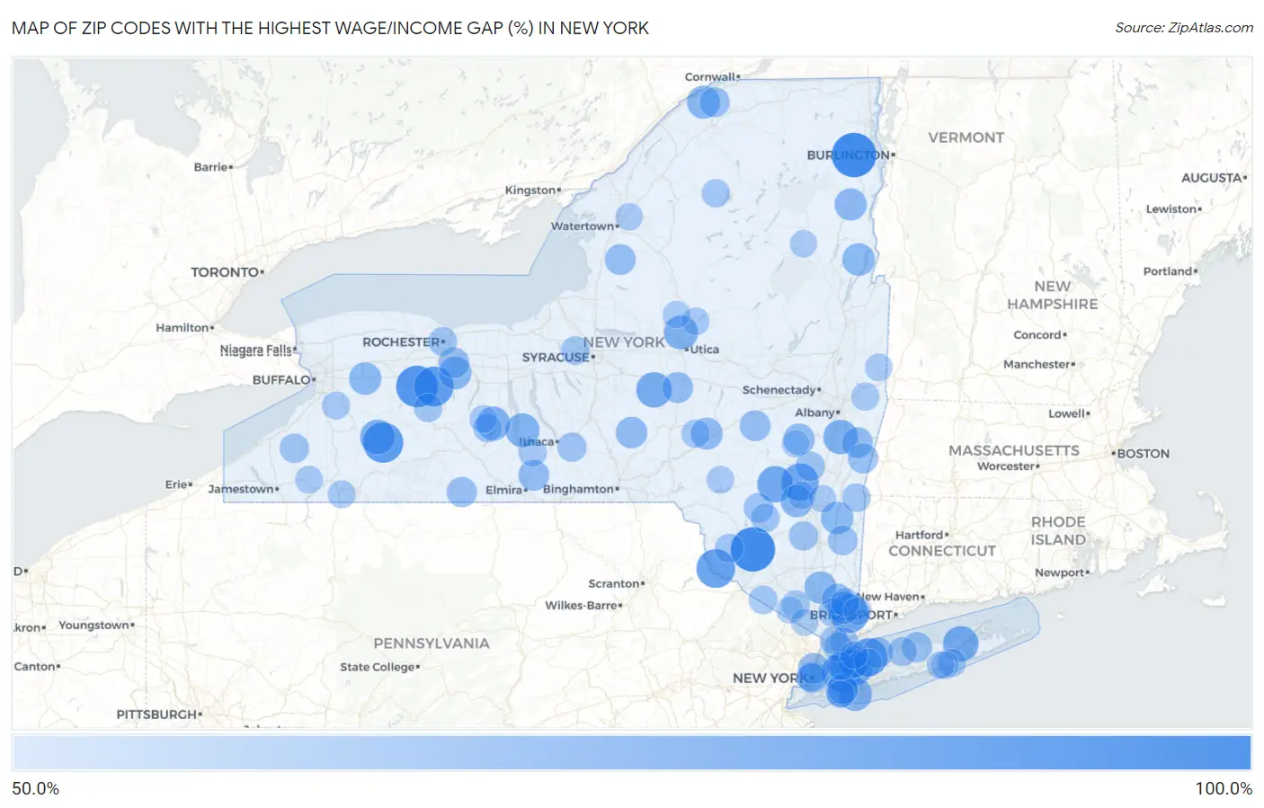 Zip Codes with the Highest Wage/Income Gap (%) in New York Map