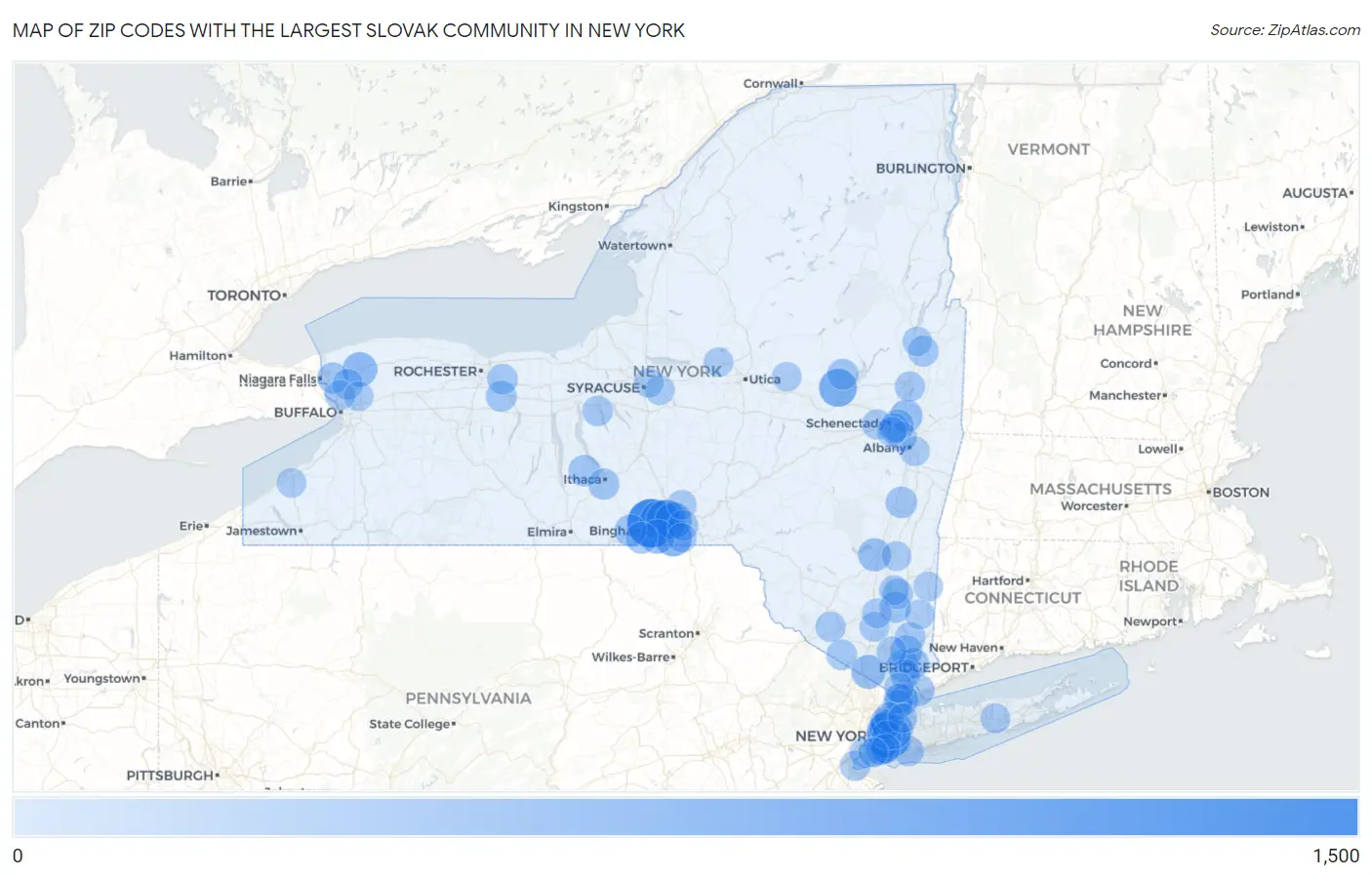 Zip Codes with the Largest Slovak Community in New York Map