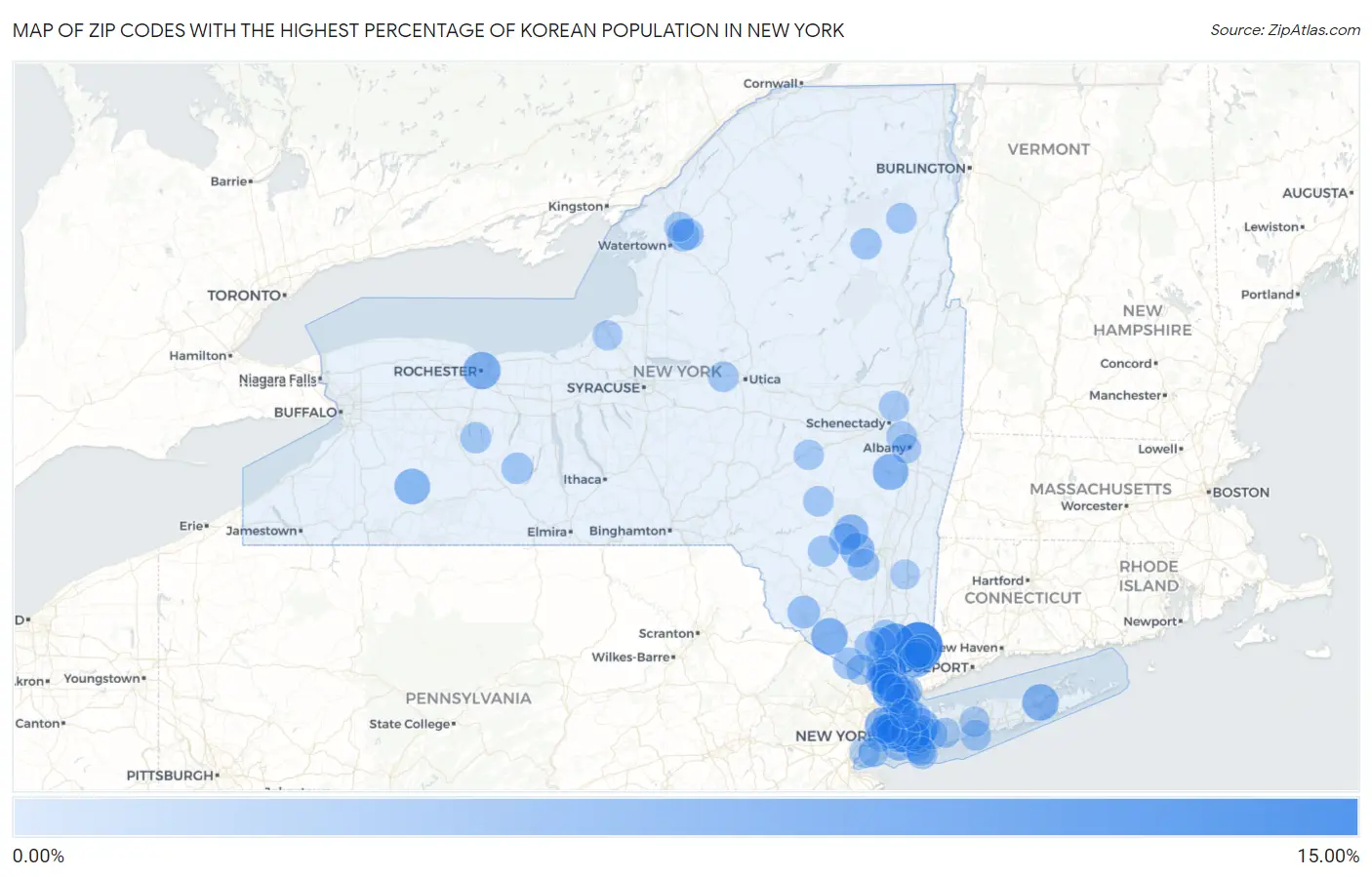 Zip Codes with the Highest Percentage of Korean Population in New York Map