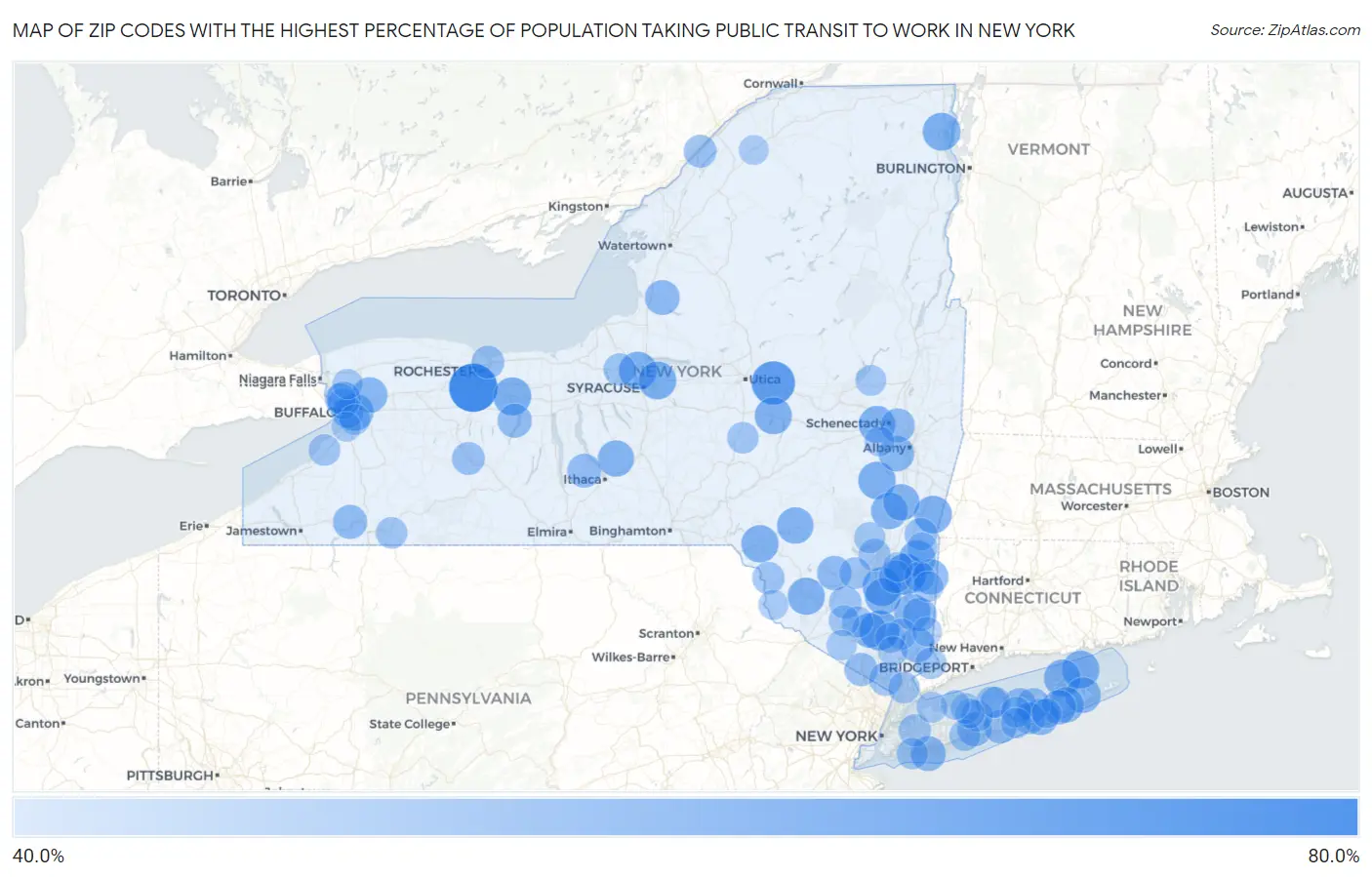 Zip Codes with the Highest Percentage of Population Taking Public Transit to Work in New York Map