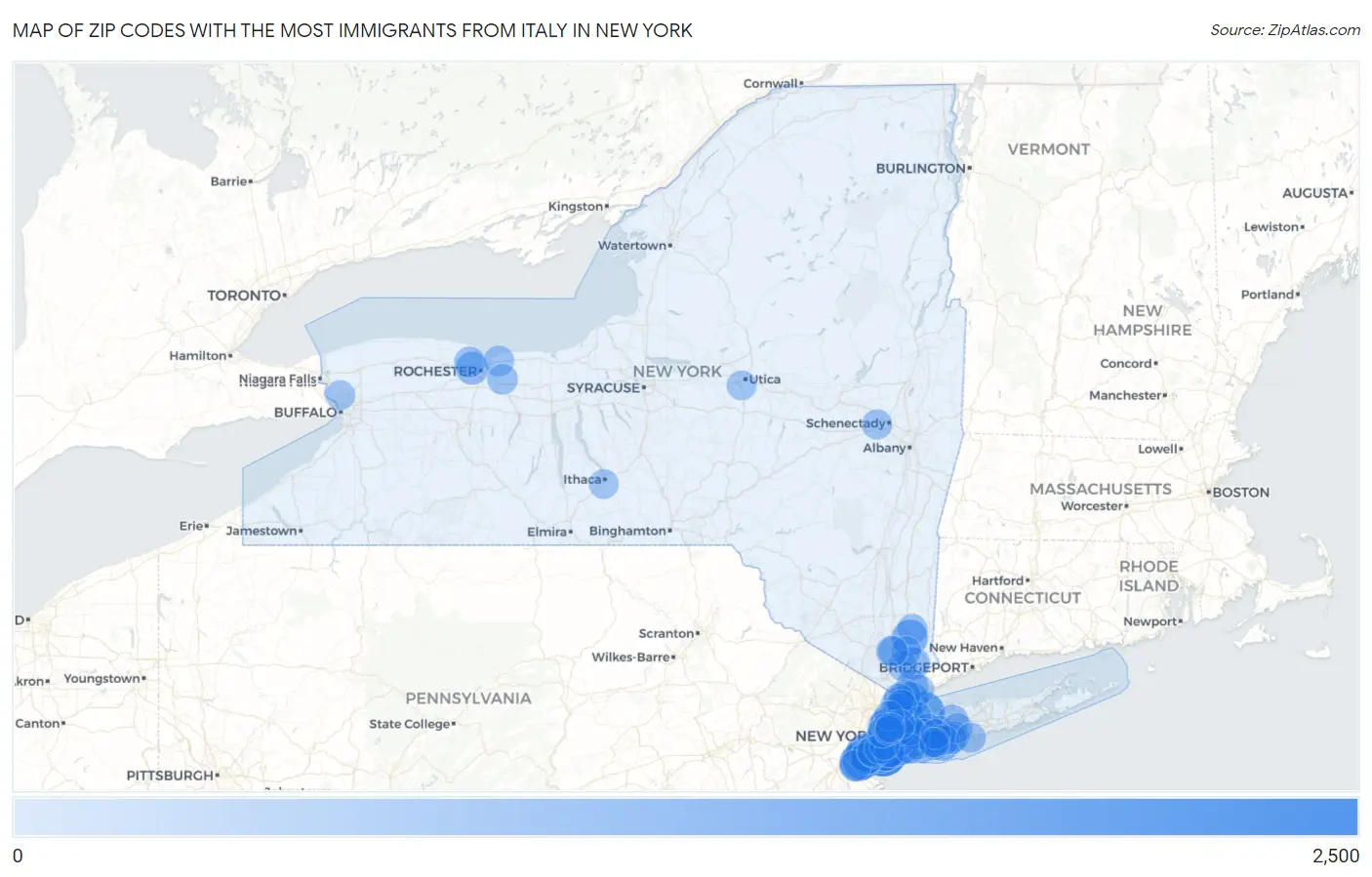 Zip Codes with the Most Immigrants from Italy in New York Map