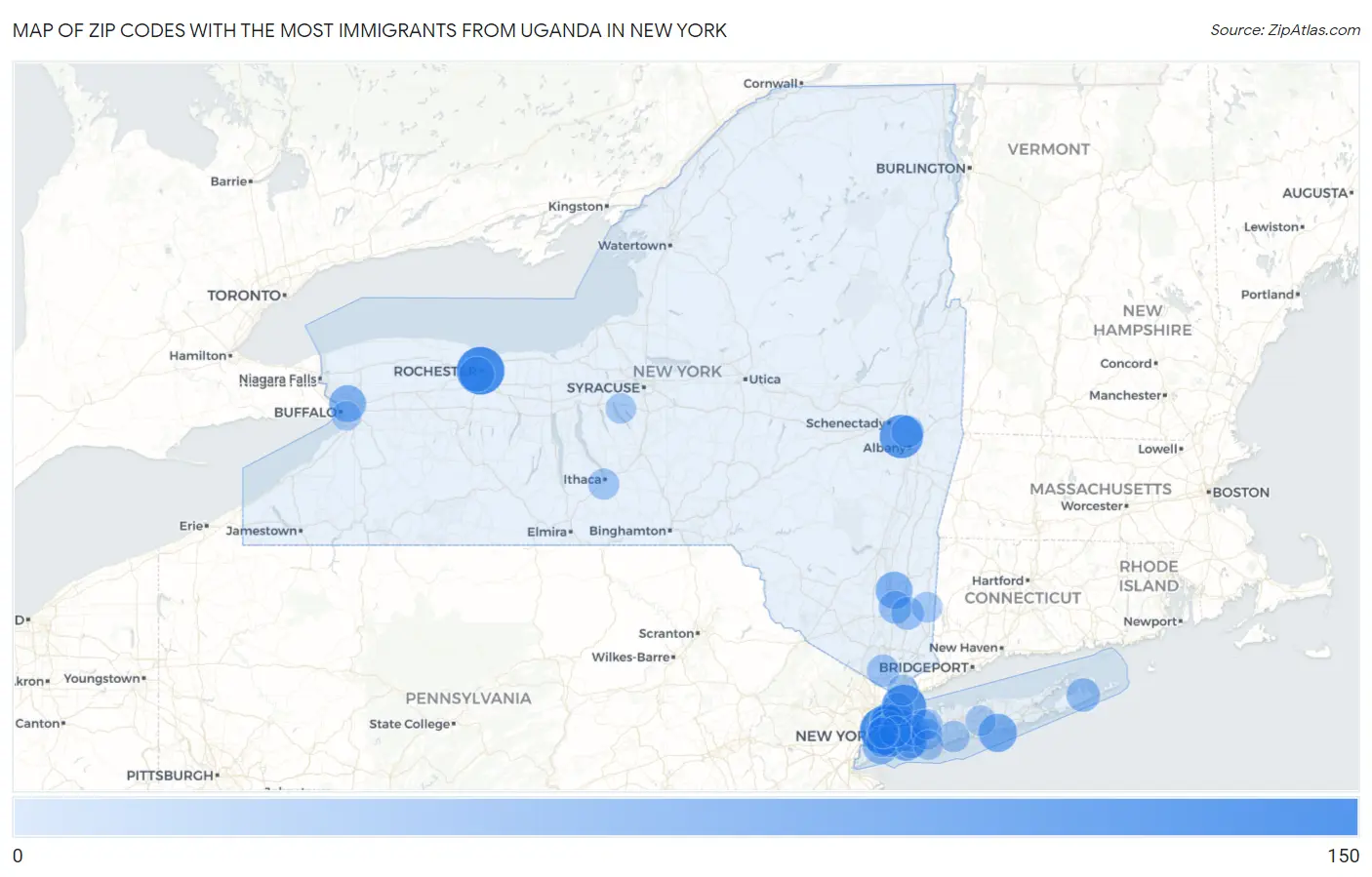 Zip Codes with the Most Immigrants from Uganda in New York Map