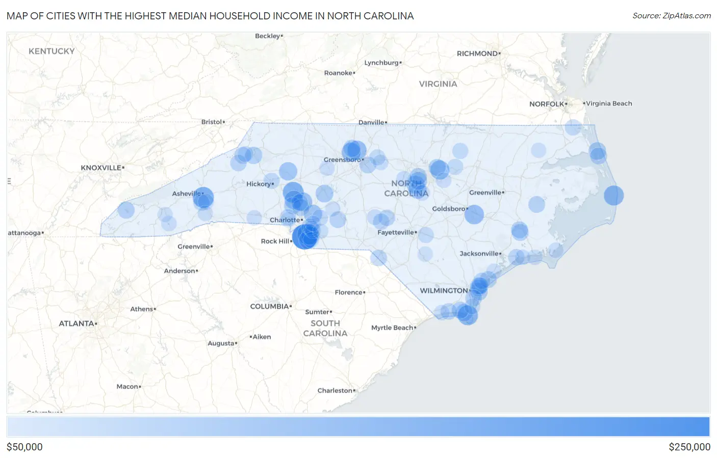 Cities with the Highest Median Household Income in North Carolina Map