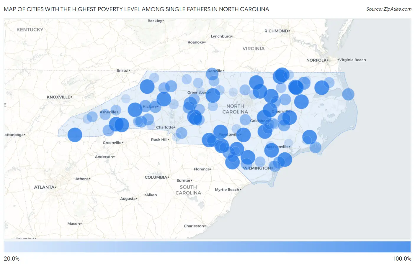 Cities with the Highest Poverty Level Among Single Fathers in North Carolina Map