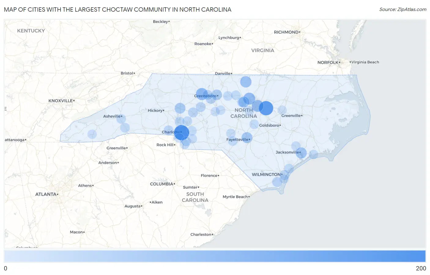 Cities with the Largest Choctaw Community in North Carolina Map