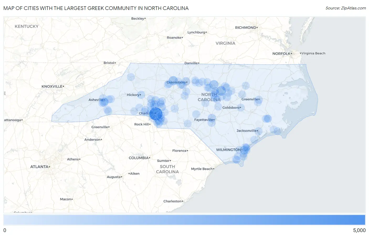 Cities with the Largest Greek Community in North Carolina Map