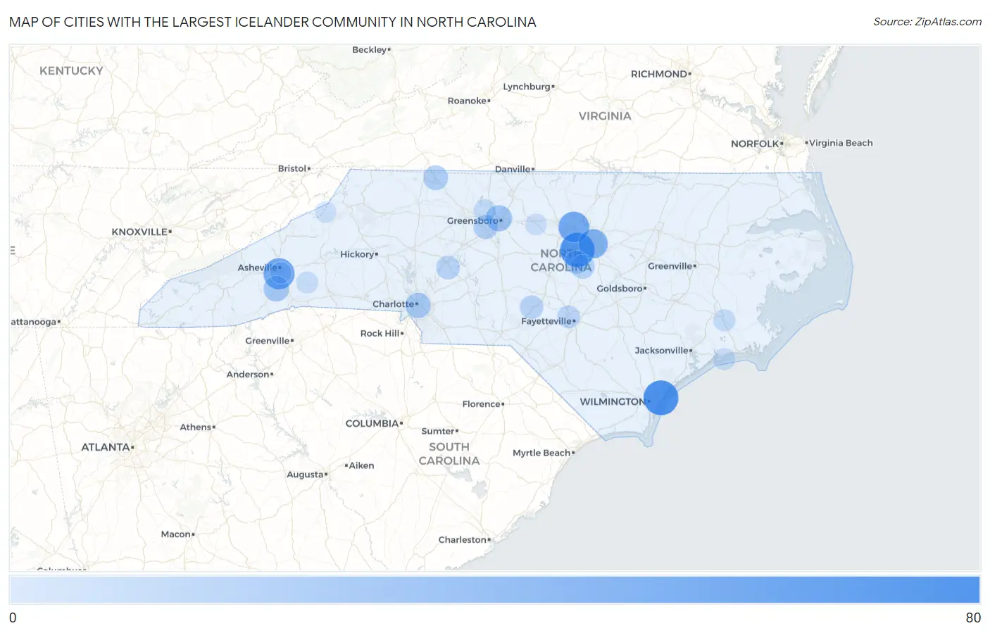 Cities with the Largest Icelander Community in North Carolina Map