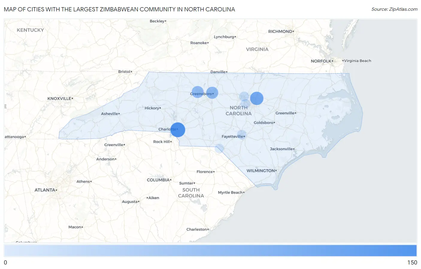 Cities with the Largest Zimbabwean Community in North Carolina Map