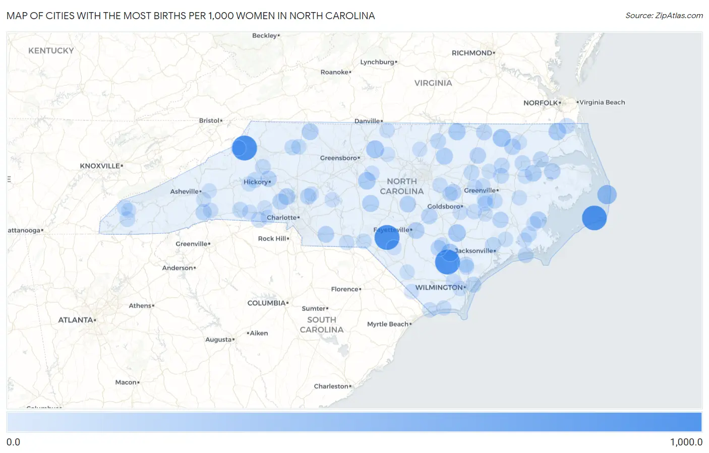Cities with the Most Births per 1,000 Women in North Carolina Map