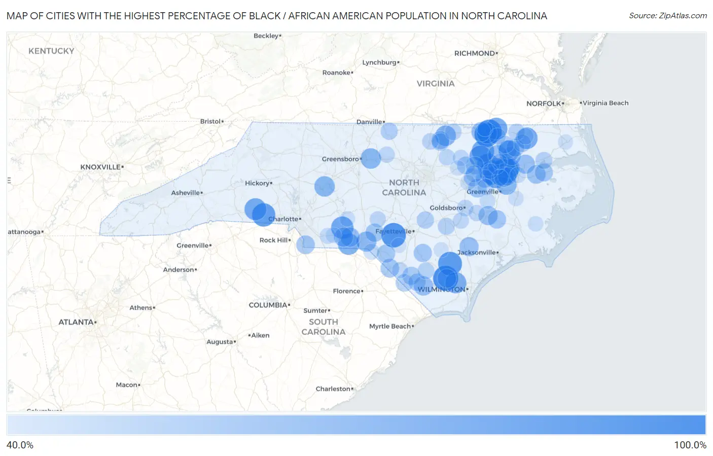 Cities with the Highest Percentage of Black / African American Population in North Carolina Map
