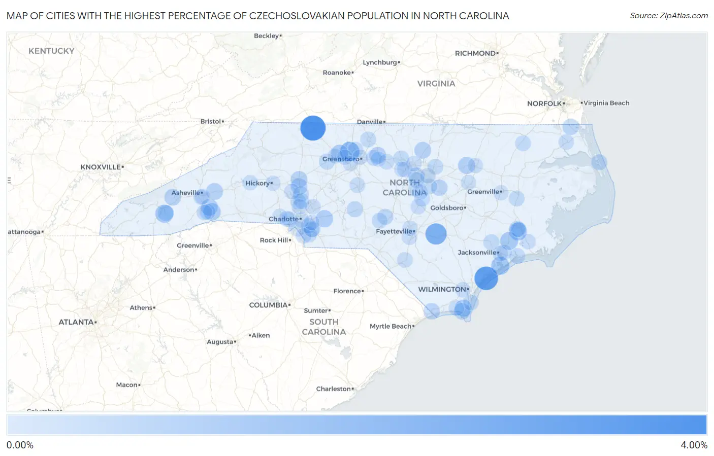 Cities with the Highest Percentage of Czechoslovakian Population in North Carolina Map
