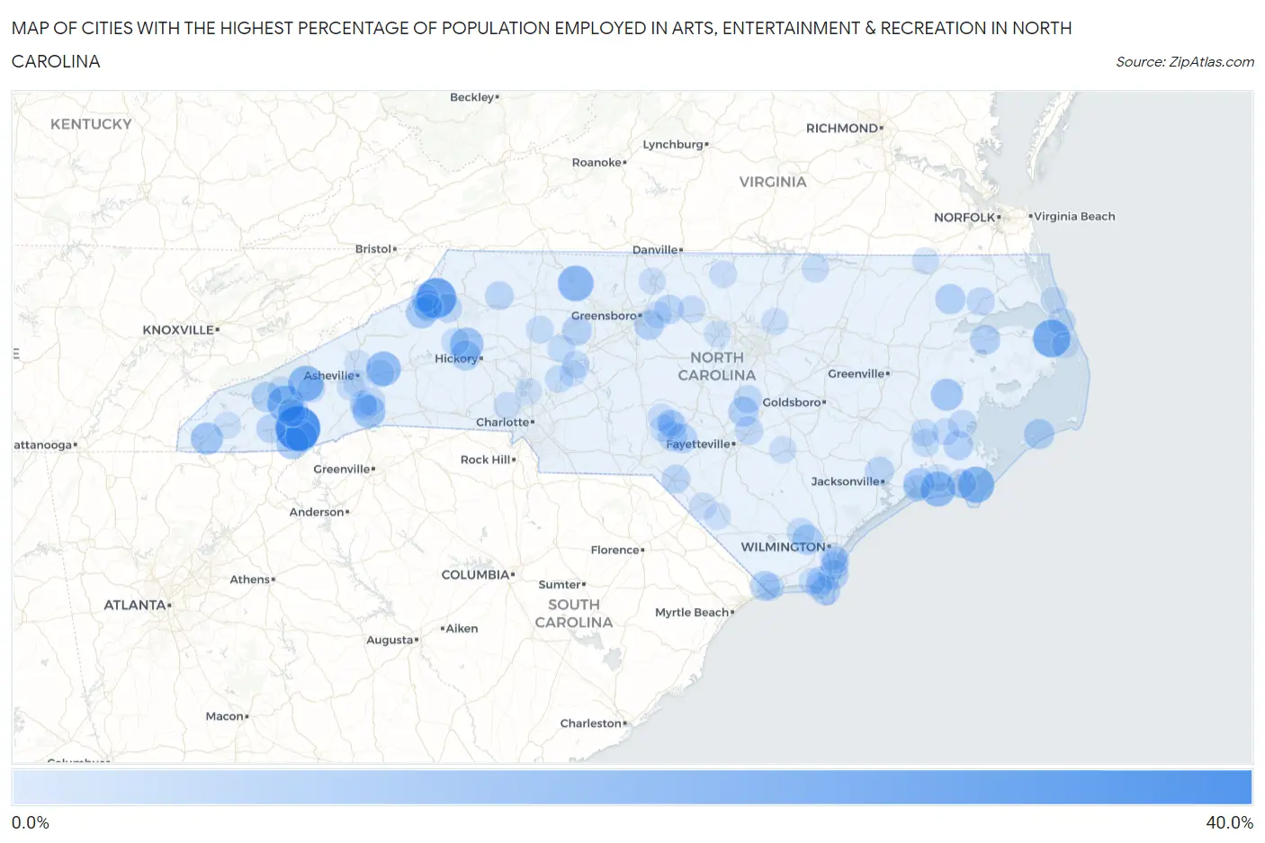 Cities with the Highest Percentage of Population Employed in Arts, Entertainment & Recreation in North Carolina Map