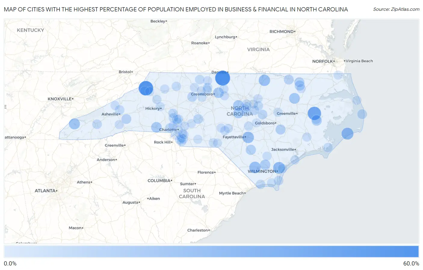 Cities with the Highest Percentage of Population Employed in Business & Financial in North Carolina Map
