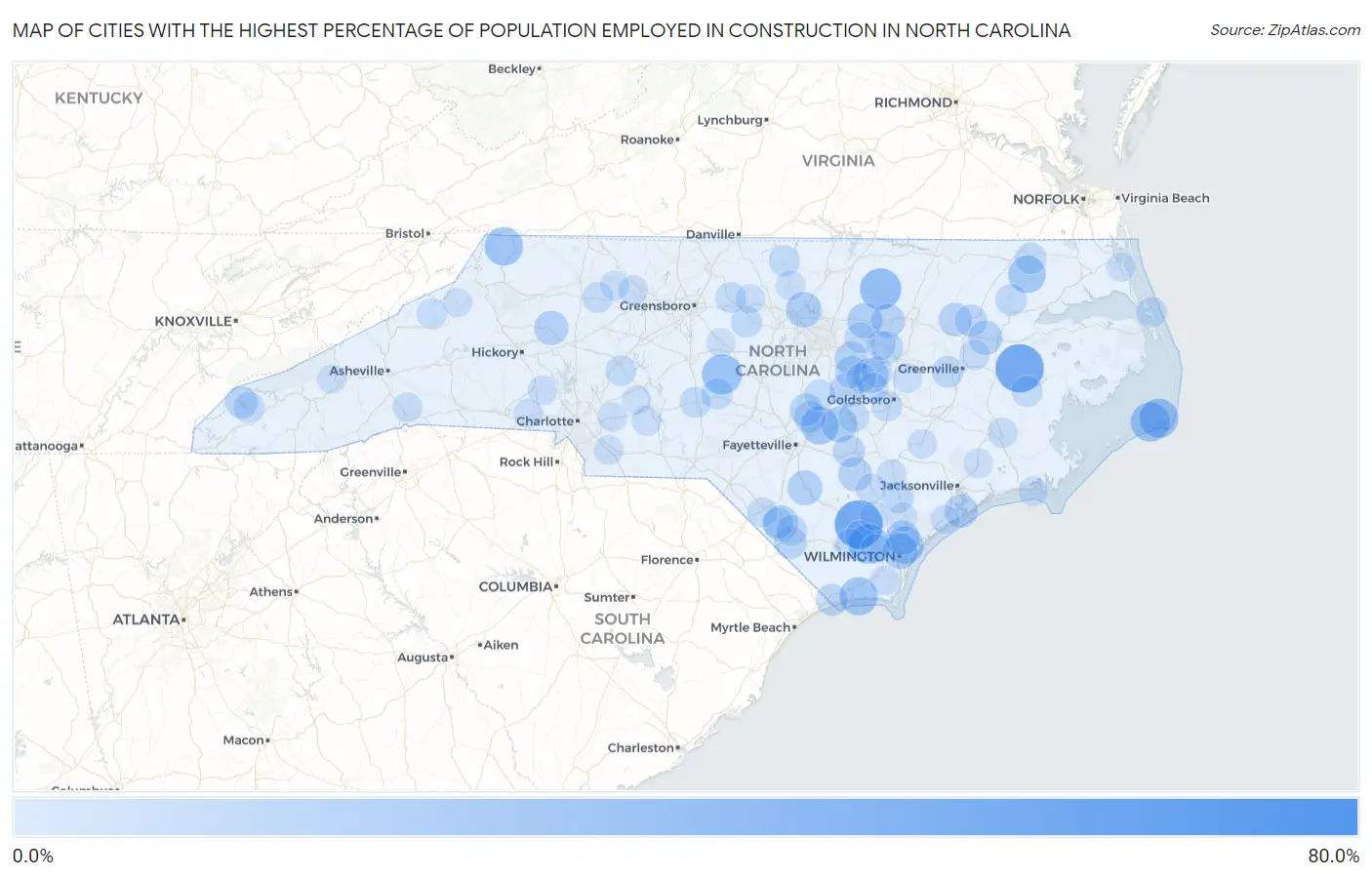 Cities with the Highest Percentage of Population Employed in Construction in North Carolina Map