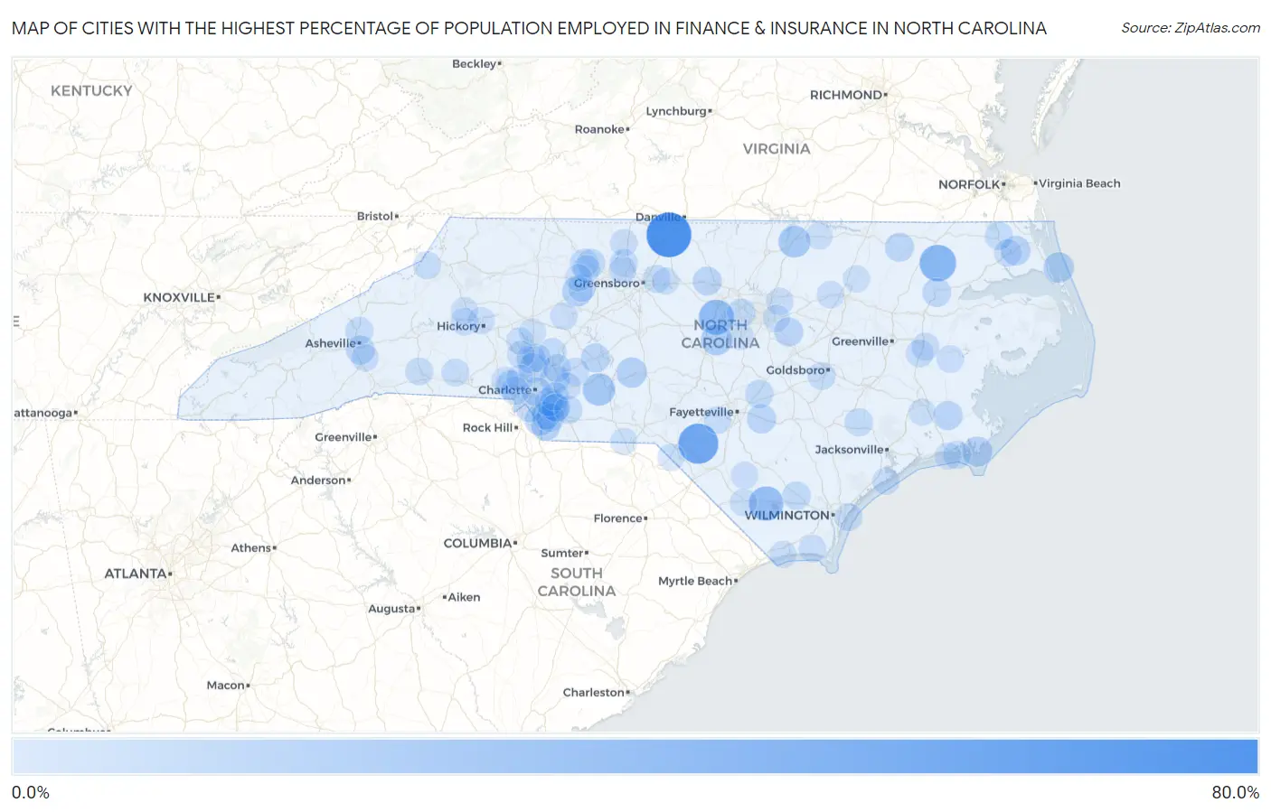 Cities with the Highest Percentage of Population Employed in Finance & Insurance in North Carolina Map