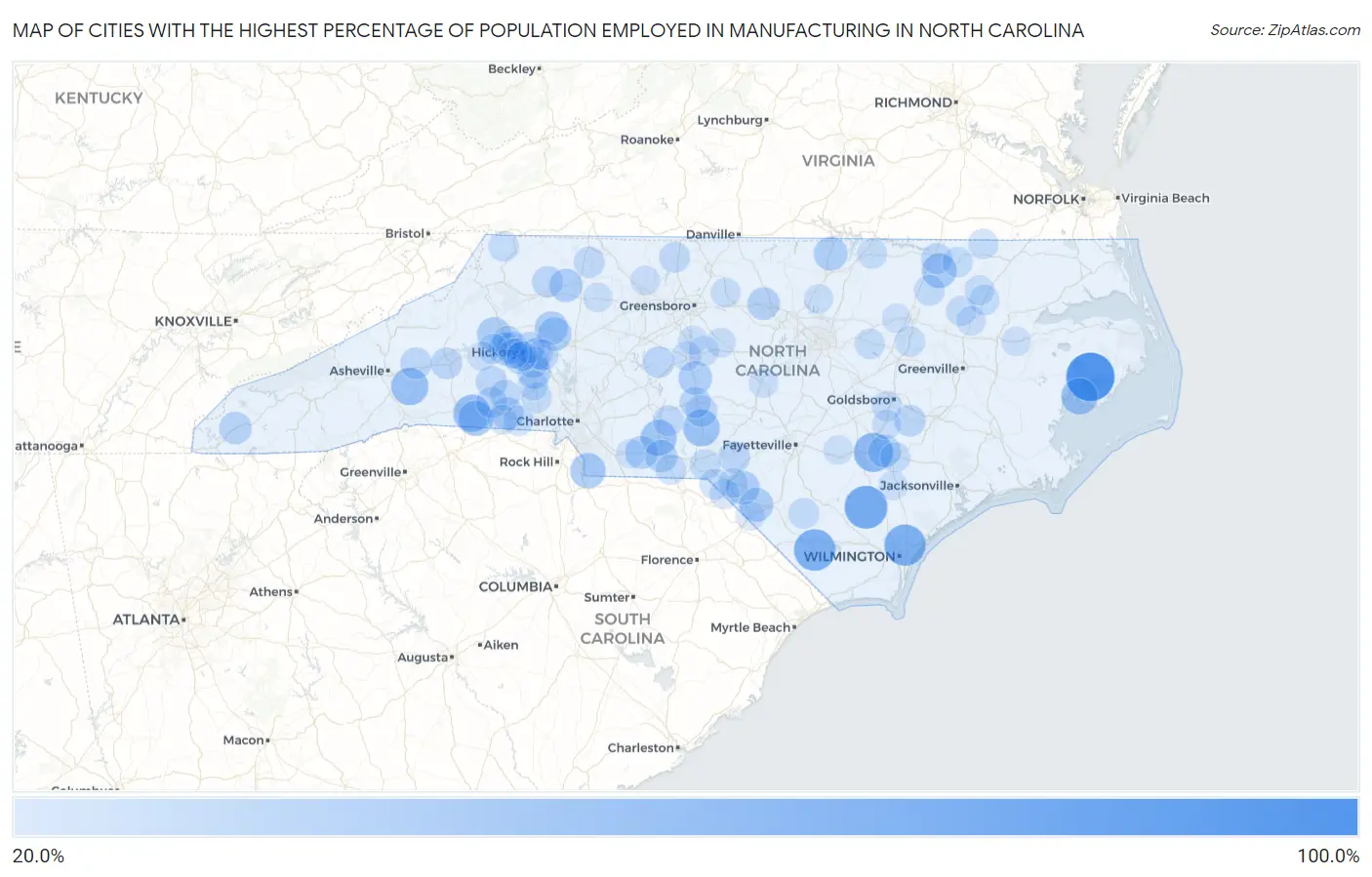 Cities with the Highest Percentage of Population Employed in Manufacturing in North Carolina Map