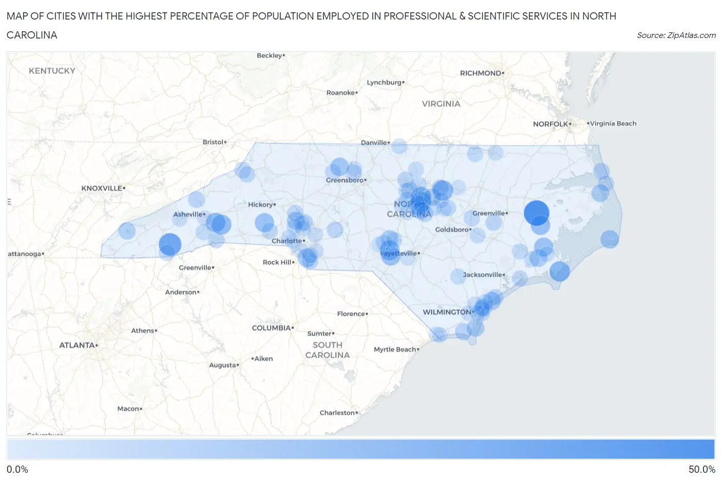 Cities with the Highest Percentage of Population Employed in Professional & Scientific Services in North Carolina Map