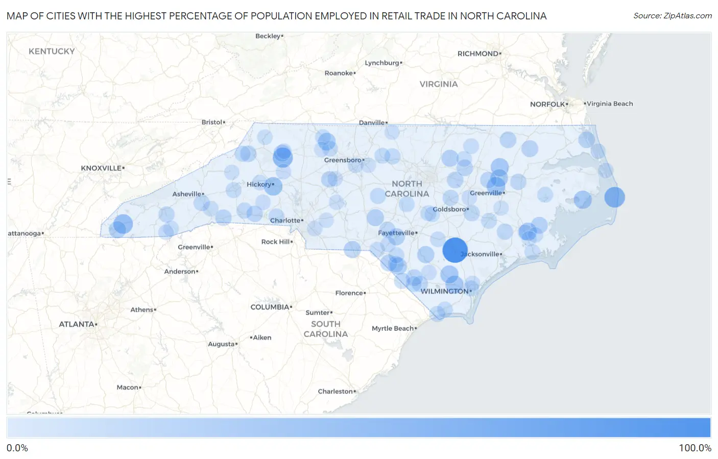 Cities with the Highest Percentage of Population Employed in Retail Trade in North Carolina Map