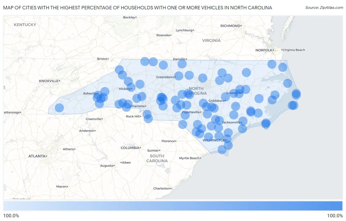 Cities with the Highest Percentage of Households With One or more Vehicles in North Carolina Map