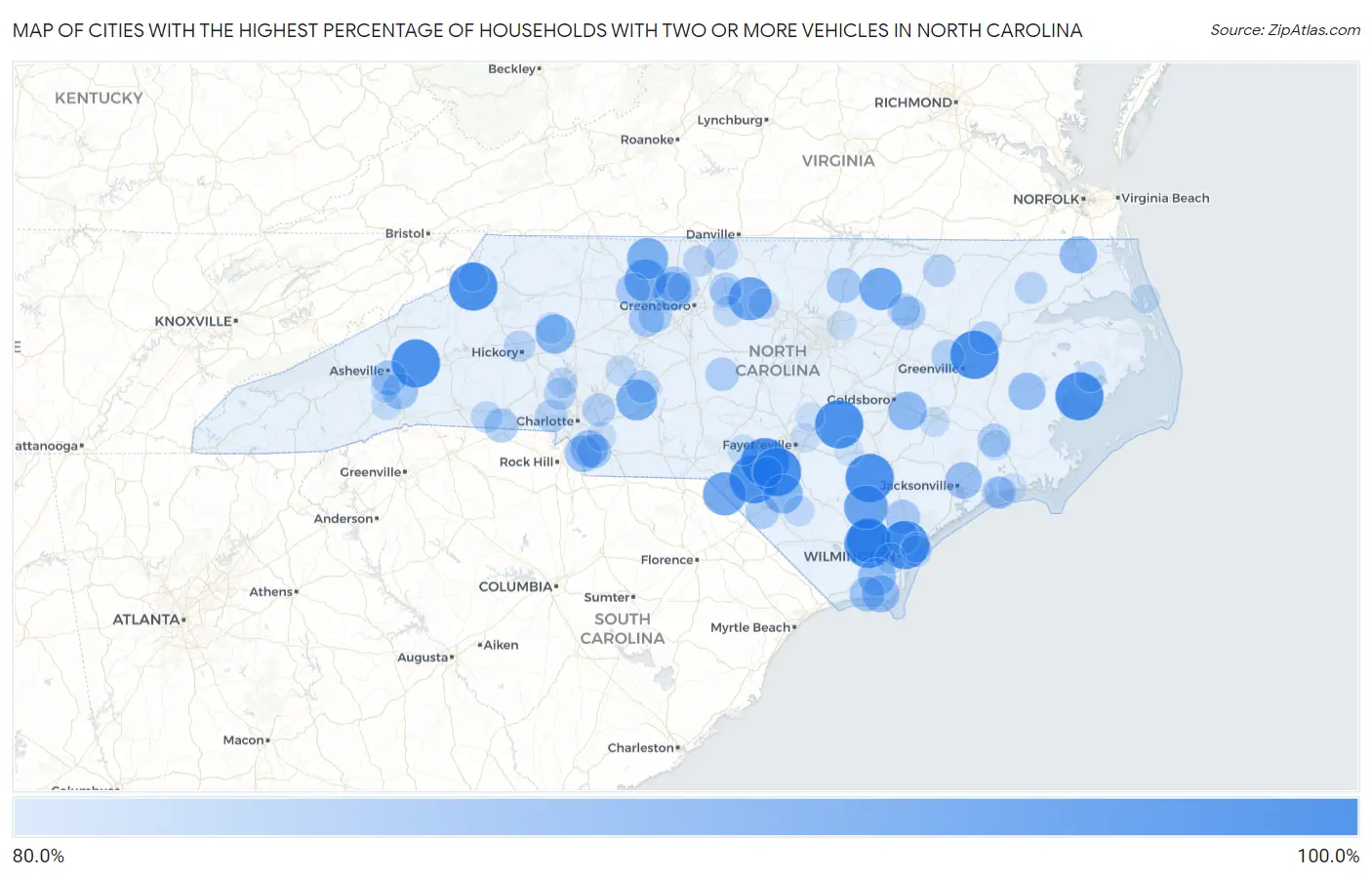 Cities with the Highest Percentage of Households With Two or more Vehicles in North Carolina Map