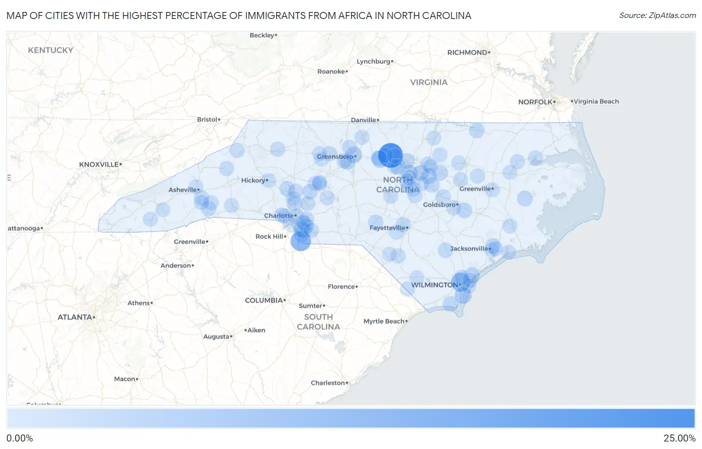 Cities with the Highest Percentage of Immigrants from Africa in North Carolina Map
