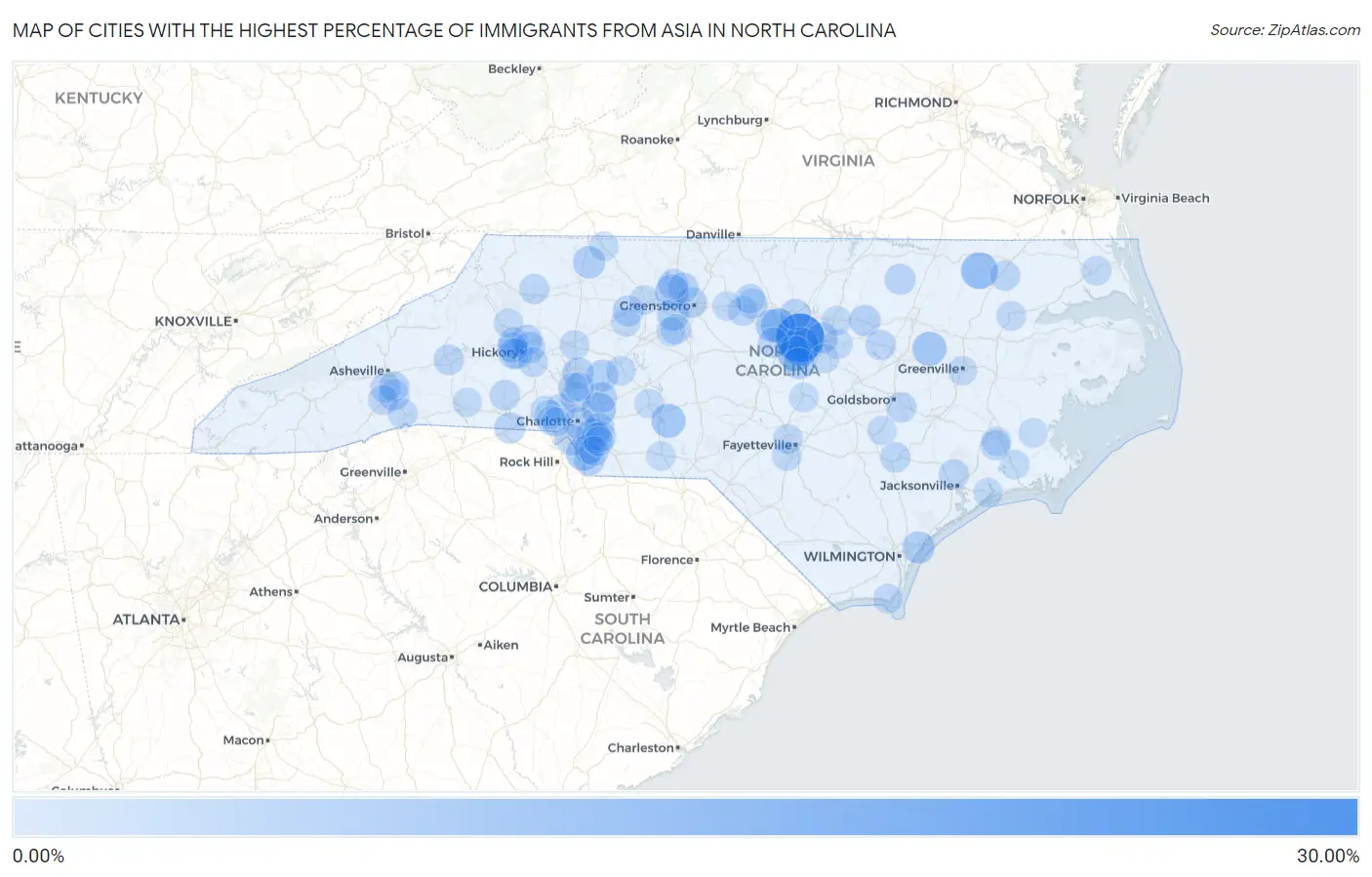 Cities with the Highest Percentage of Immigrants from Asia in North Carolina Map