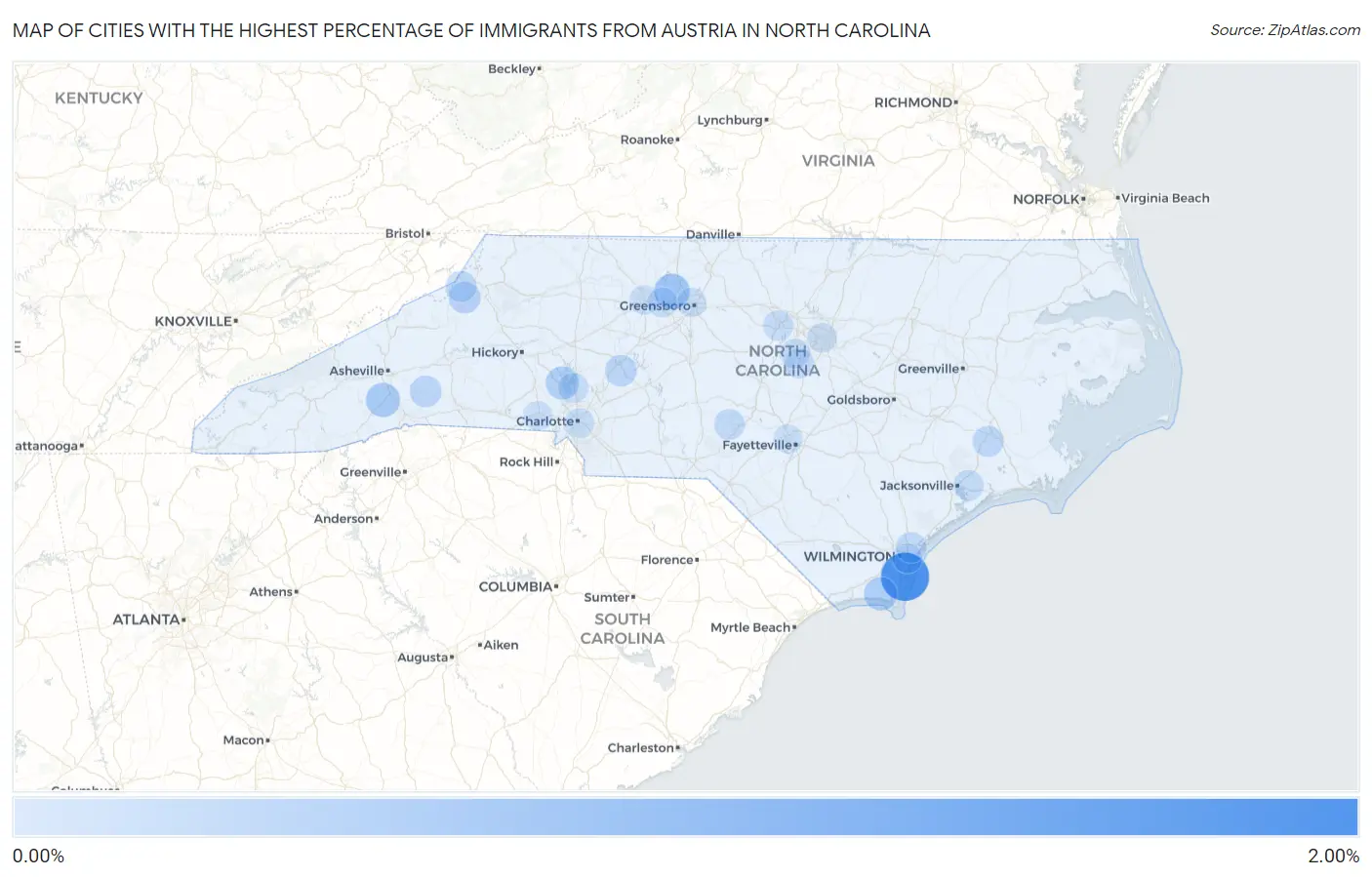 Cities with the Highest Percentage of Immigrants from Austria in North Carolina Map