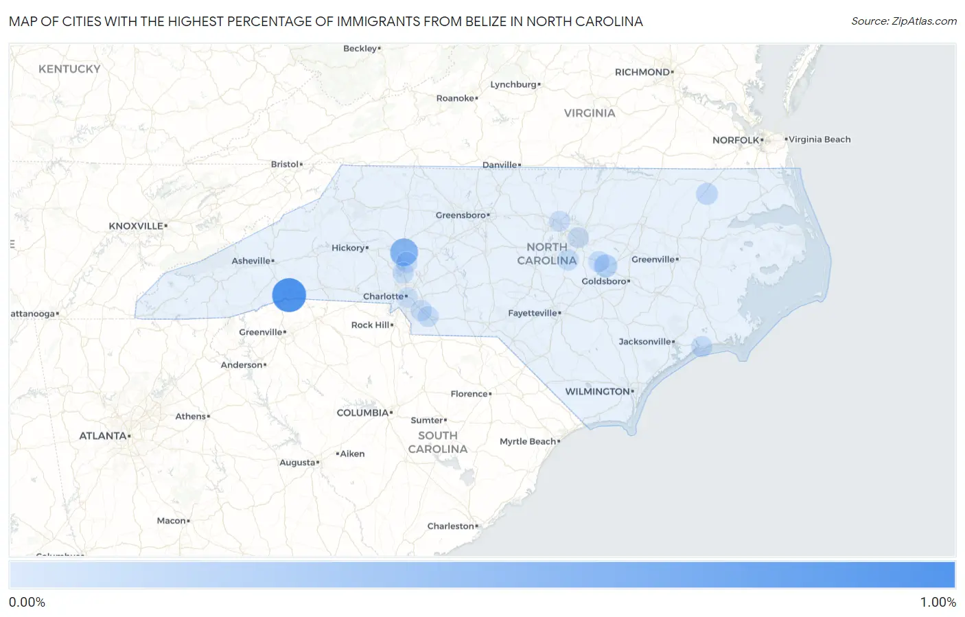 Cities with the Highest Percentage of Immigrants from Belize in North Carolina Map