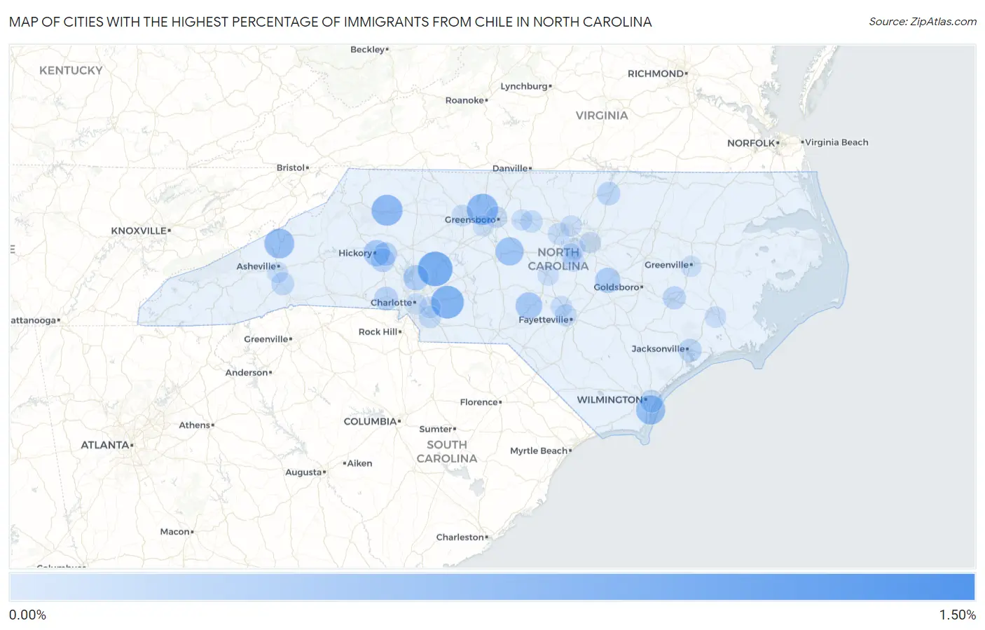 Cities with the Highest Percentage of Immigrants from Chile in North Carolina Map