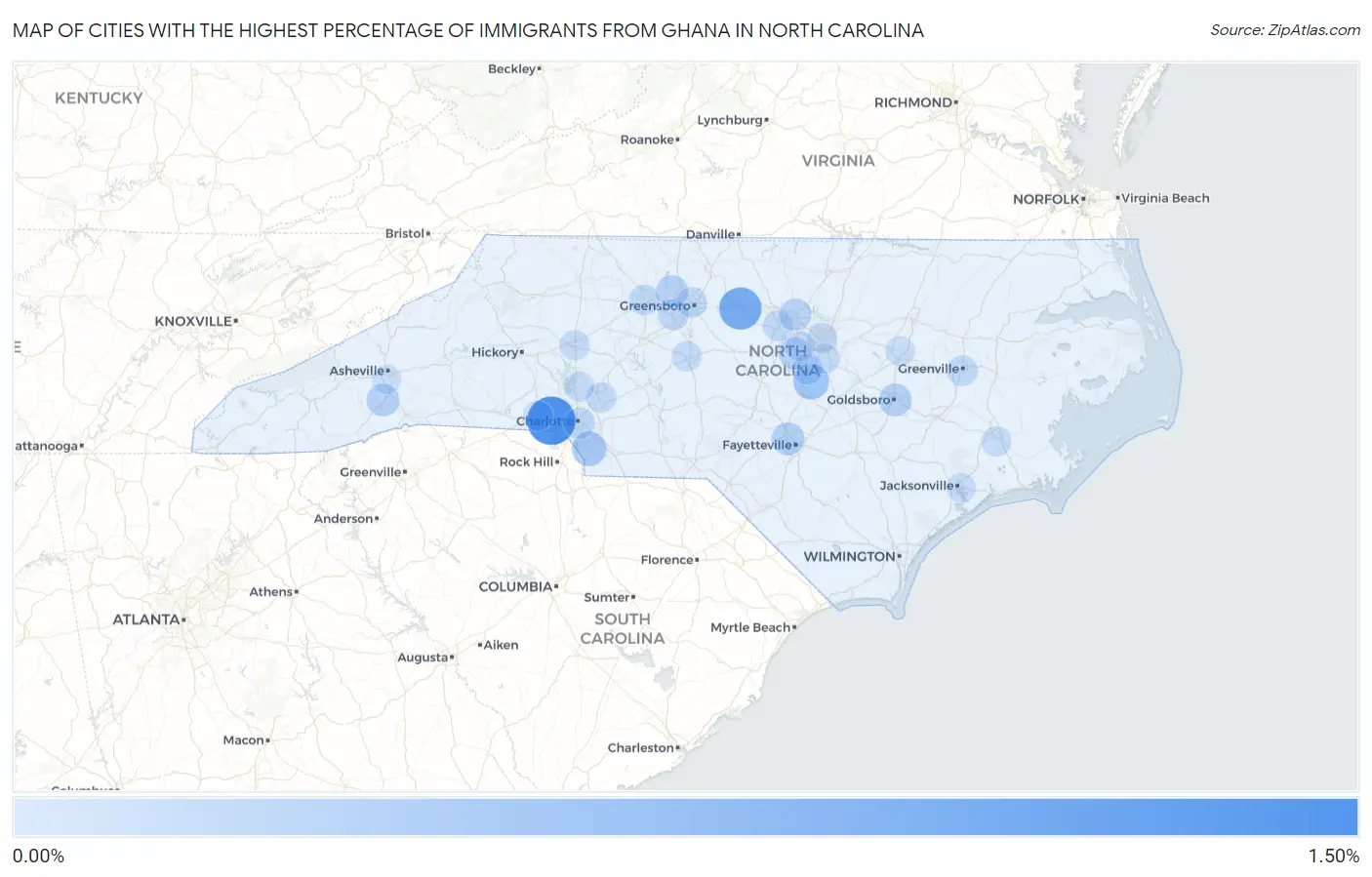 Cities with the Highest Percentage of Immigrants from Ghana in North Carolina Map