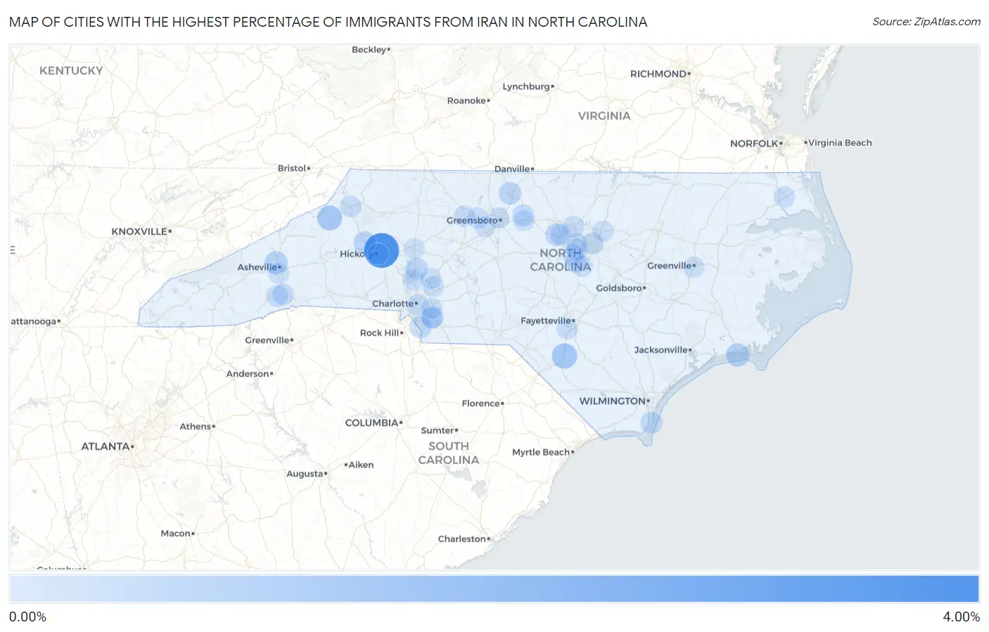 Cities with the Highest Percentage of Immigrants from Iran in North Carolina Map