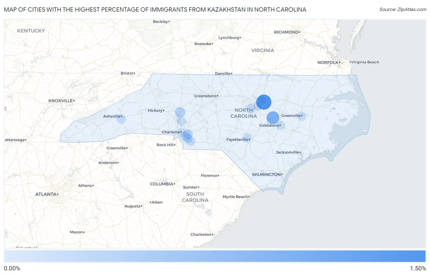 Cities with the Highest Percentage of Immigrants from Kazakhstan in North Carolina Map