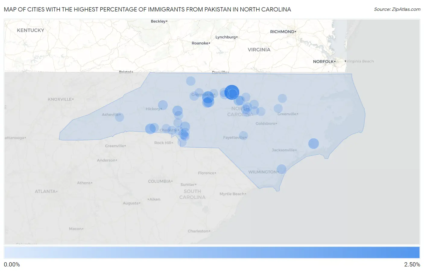 Cities with the Highest Percentage of Immigrants from Pakistan in North Carolina Map
