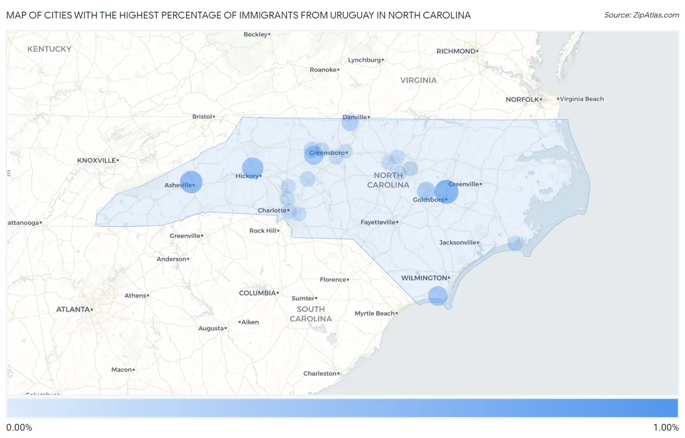 Cities with the Highest Percentage of Immigrants from Uruguay in North Carolina Map