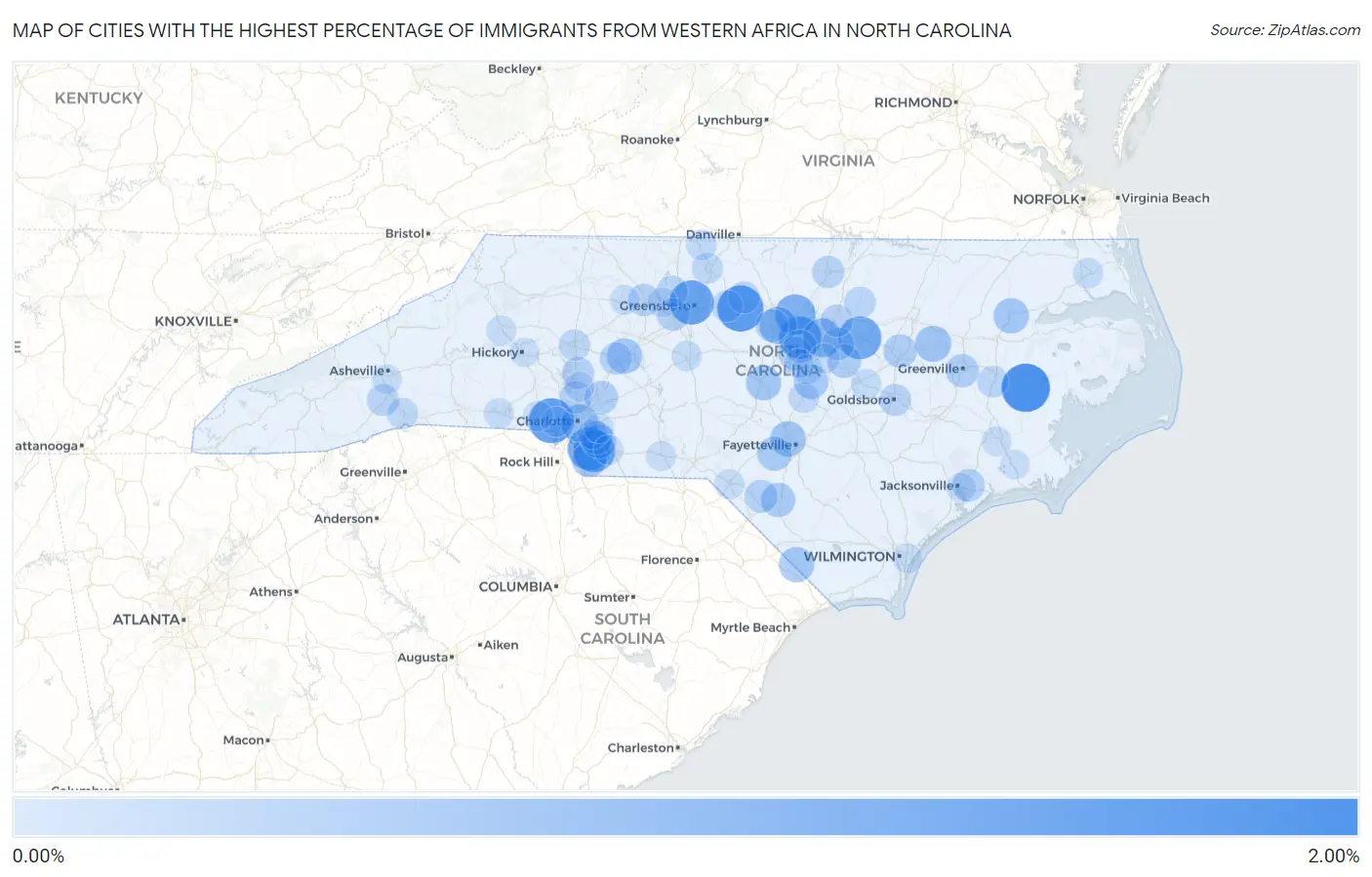 Cities with the Highest Percentage of Immigrants from Western Africa in North Carolina Map