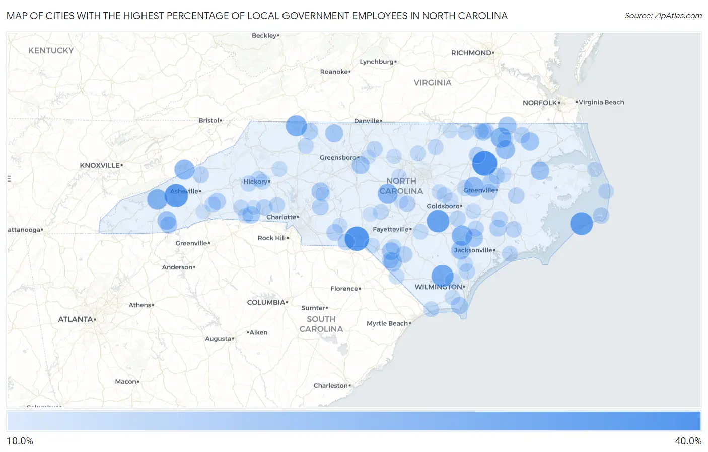 Cities with the Highest Percentage of Local Government Employees in North Carolina Map
