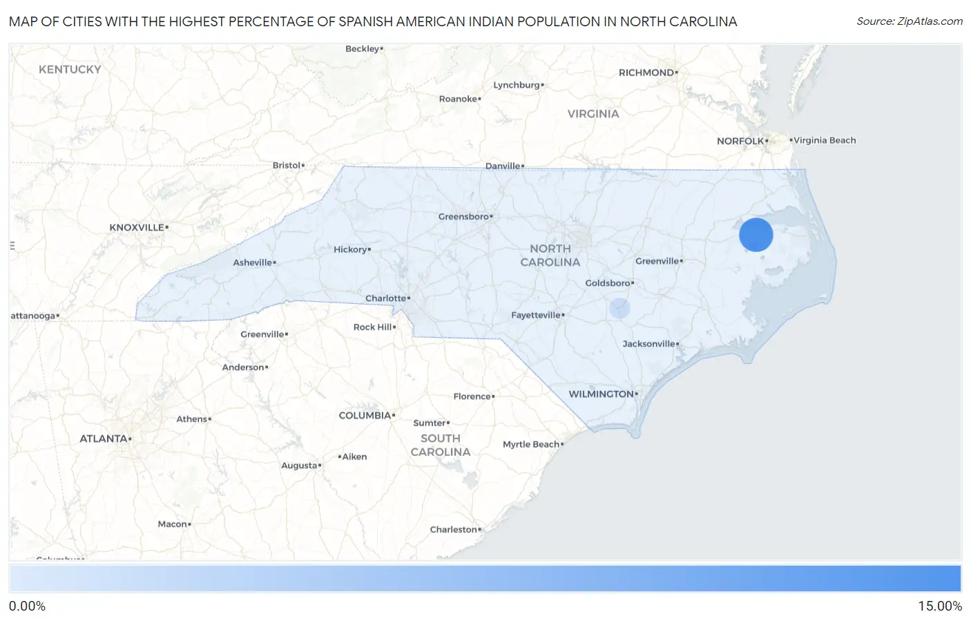 Cities with the Highest Percentage of Spanish American Indian Population in North Carolina Map