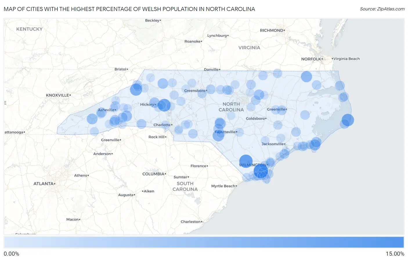 Cities with the Highest Percentage of Welsh Population in North Carolina Map