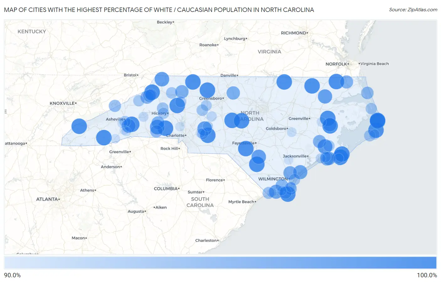 Cities with the Highest Percentage of White / Caucasian Population in North Carolina Map