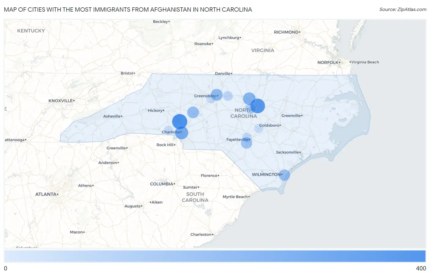Cities with the Most Immigrants from Afghanistan in North Carolina Map