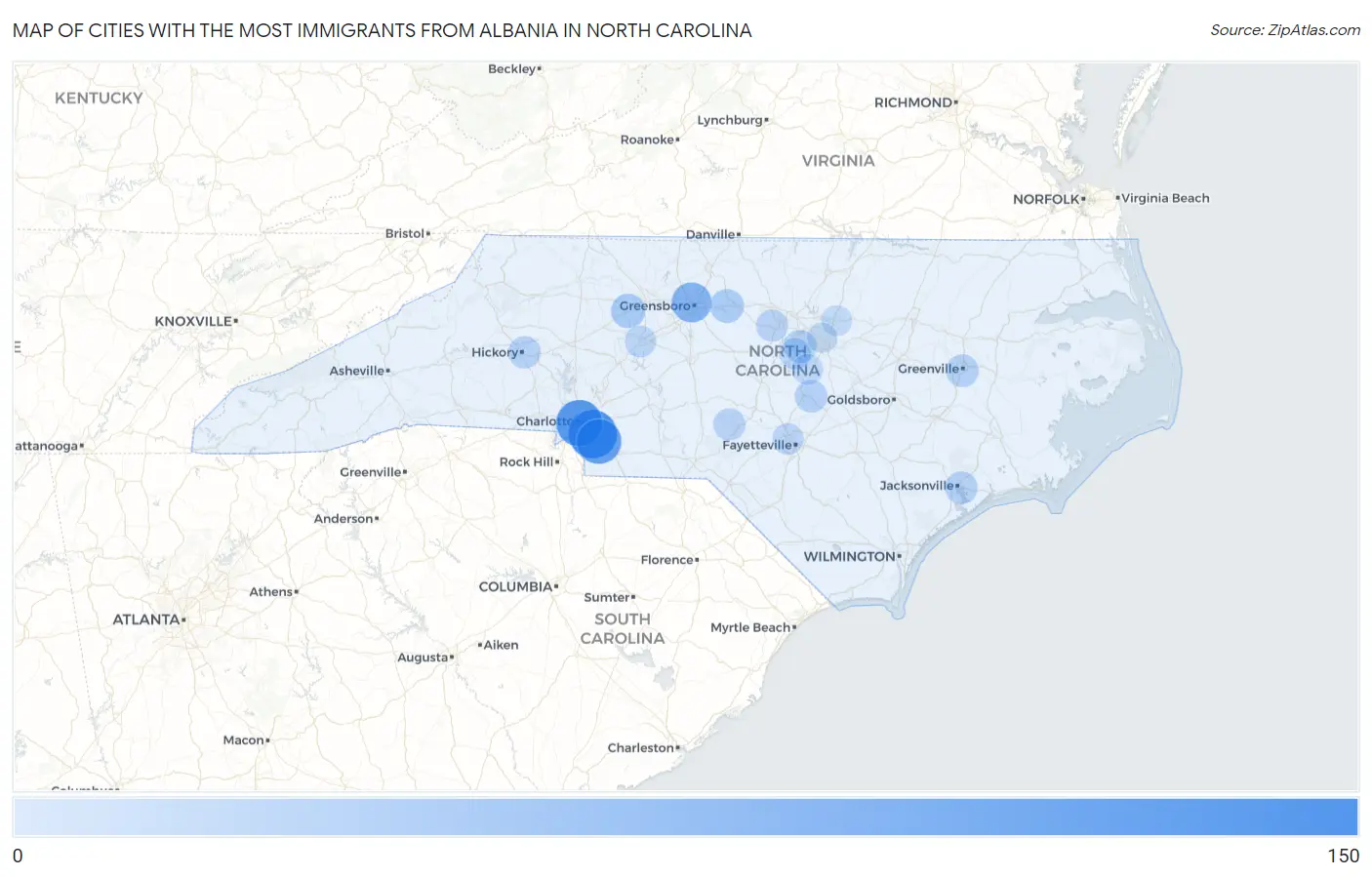 Cities with the Most Immigrants from Albania in North Carolina Map